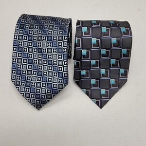 Men's Necktie Lot 2 Geometric Squares Pattern Silk Tie Blue Gray Aqua Turquoise